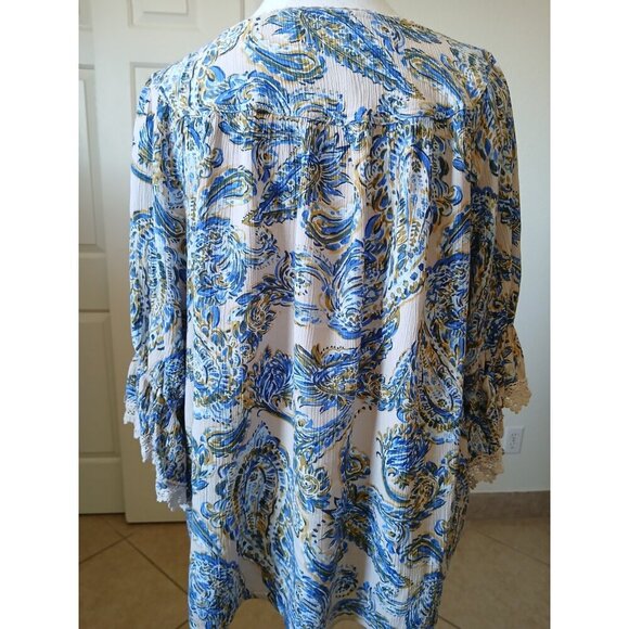 Democracy Womens Blouse Flared Sleeve Blue Paisley  Bohemian Top 1X  Peasant - Picture 3 of 16